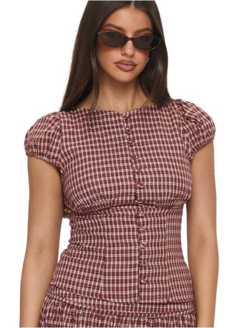 Princess Polly Alixandra Puff Sleeve Button Down Blouse Top in Red Check Size 4